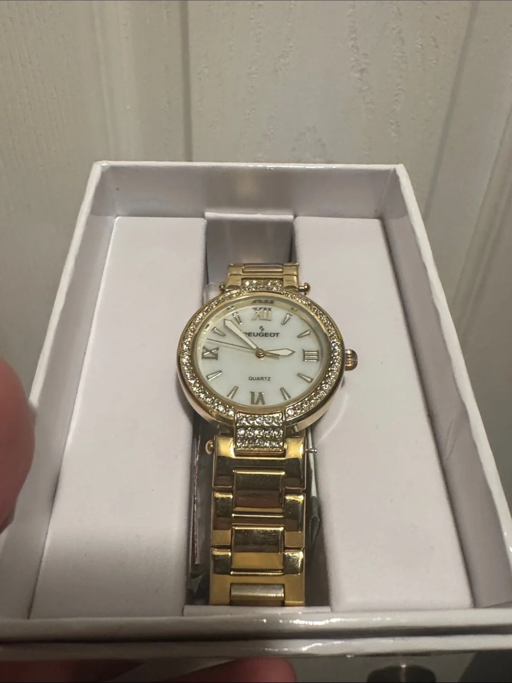 Peugeot Gold-Tone Crystal Bezel Women’s Watch with White Dial brand new with box